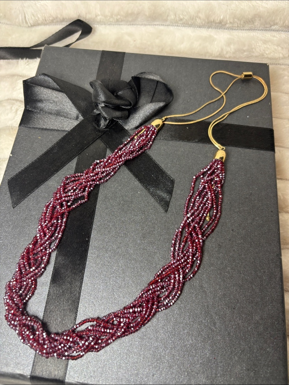 Deep Red Gemstone Beaded Multi-Strand Necklace  Snake chain Slide closure